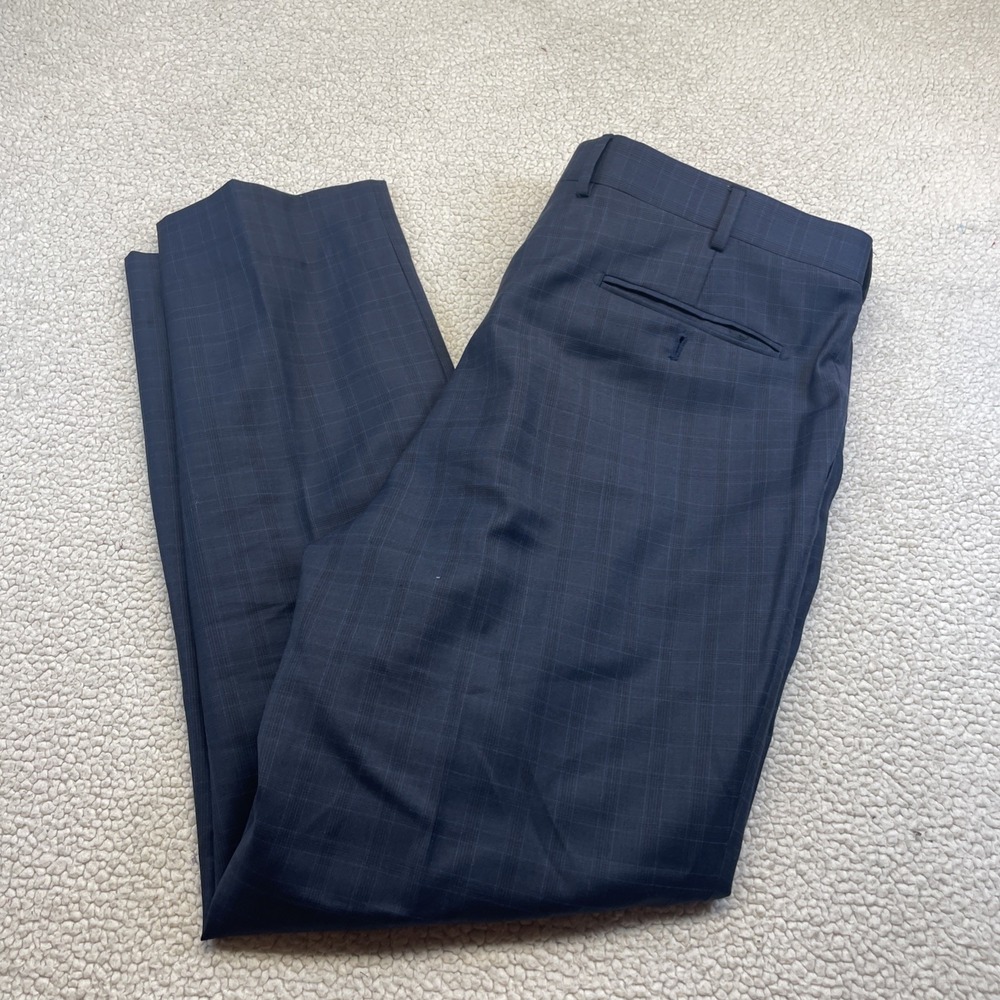 Calvin Klein Dress Pants Mens 41x31 Blue Plaid Flat Front Wool Blend Trousers